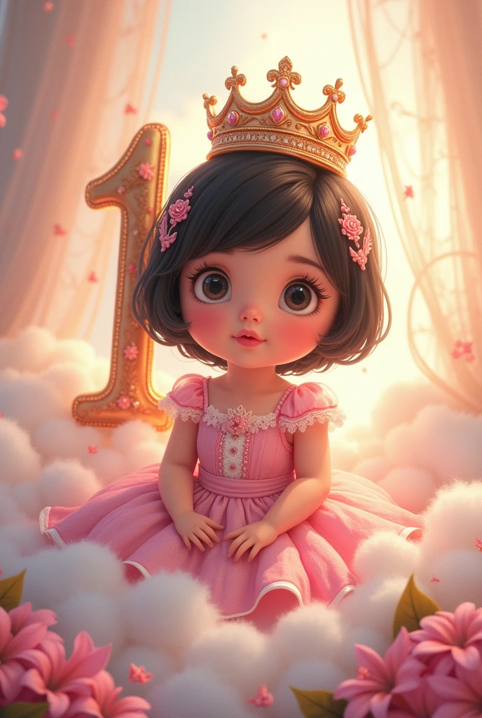 image of  princess Aurora, for his first yearh short black hair, White skin, pink dress, clouds, crown and the thick number 1 and happy birthday and the name Aurora in Spanish