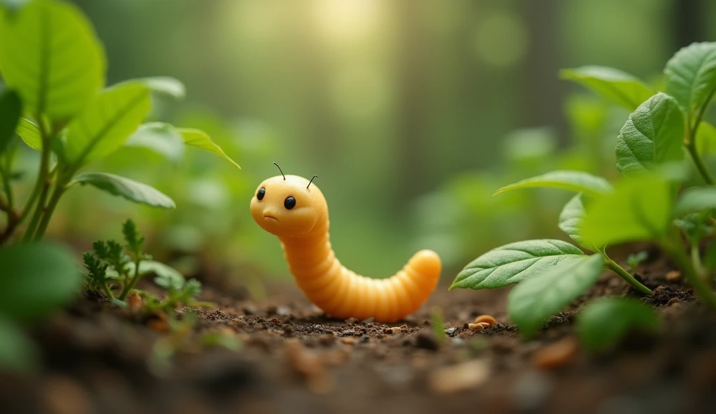 A tiny plain yellow worm slowly crawling on the ground, nibbling on leaves, with a dreamy, far-off look in his eyes, imagining a world beyond."