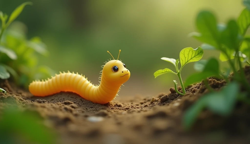 A tiny plain yellow worm slowly crawling on the ground, nibbling on leaves, with a dreamy, far-off look in his eyes, imagining a world beyond."