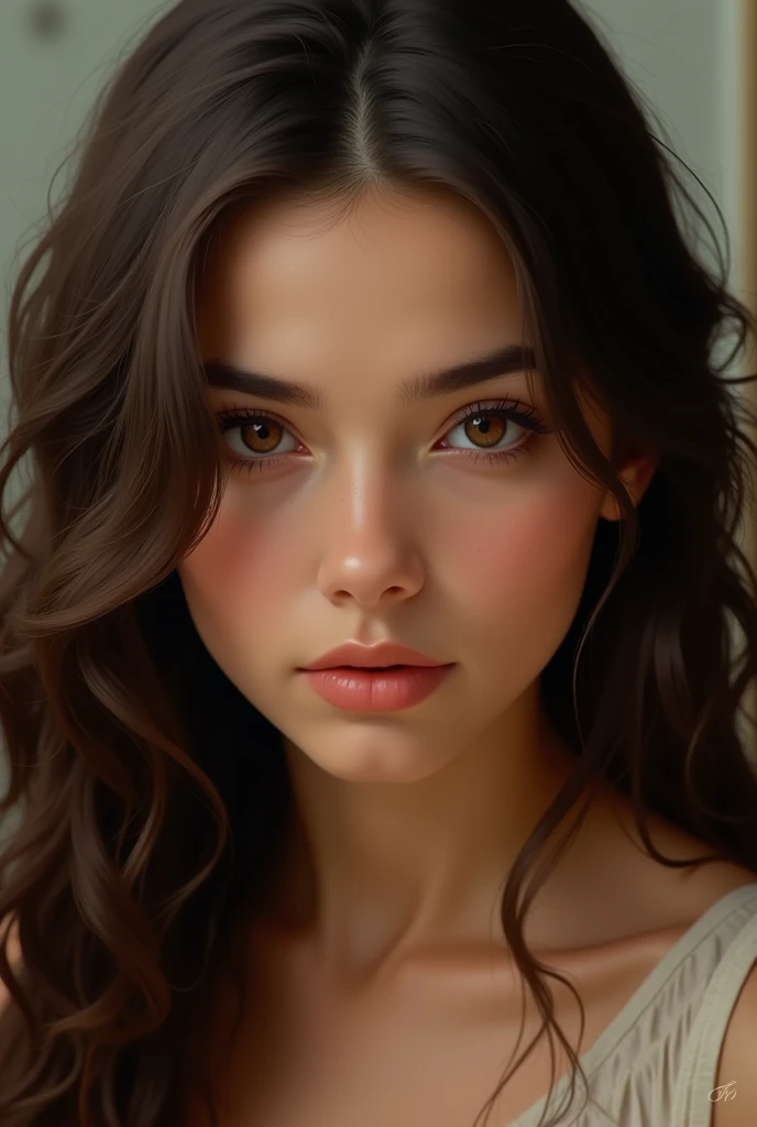 Woman with dark brown eyes with long curly dark brown hair with round face