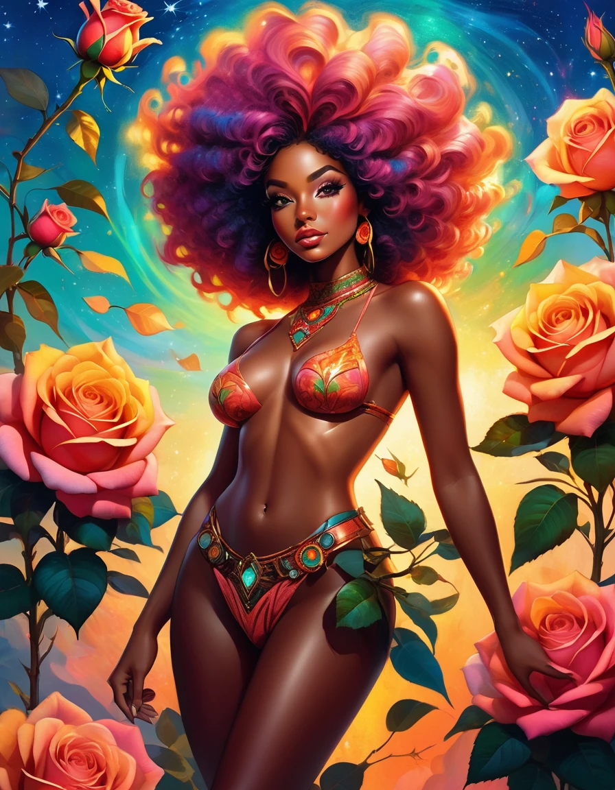 Best quality, masterpiece of A beautiful fantasy style painting of a beautiful vibrant giant Rose transforming into a beautiful ???? black woman, Big Afro, highly detailed, vibrant and colorful, colorful stardust, fantasy art style, cartoon vibrant, cute detailed digital art, colorful digital fantasy art, digital fantasy art ), glossy digital painting, pastel vibrant, cowboy shot or full body shot.