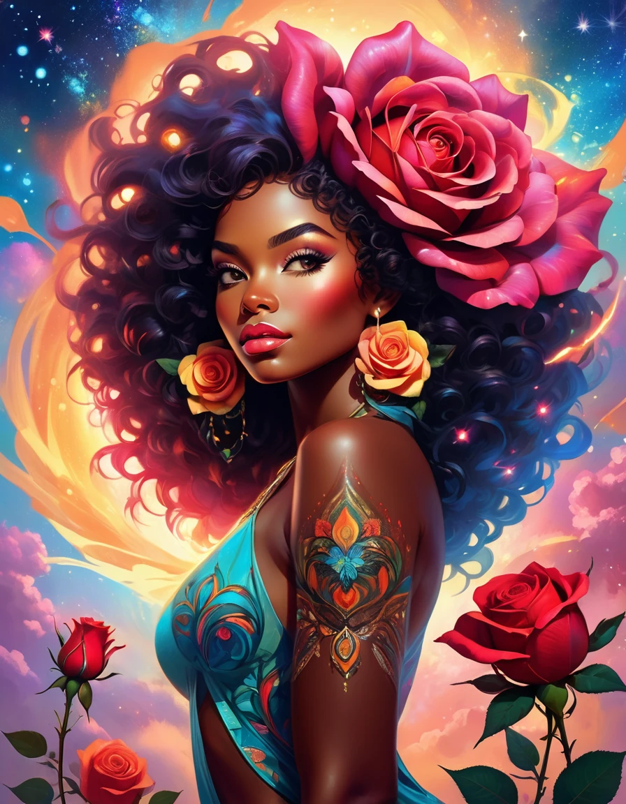 Best quality, masterpiece of A beautiful fantasy style painting of a beautiful vibrant giant Rose transforming into a beautiful nude black woman, Big Afro, highly detailed, vibrant and colorful, colorful stardust, fantasy art style, cartoon vibrant, cute detailed digital art, colorful digital fantasy art, digital fantasy art ), glossy digital painting, pastel vibrant, cowboy shot or full body shot.