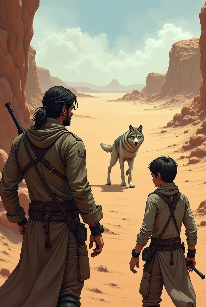 Two characters in the desert who look suspicious, they find a wolf from afar approaching them, in a terrifying, realistic way, drawn character, with high accuracy and clarity.