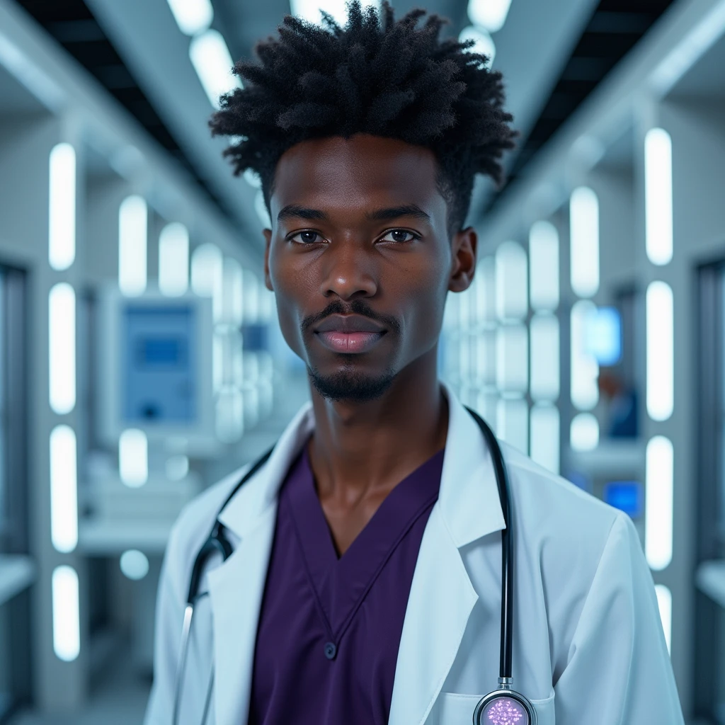 Photograph headshot, hair curly side part, very tall French featured male model, shaved, toned body, ebony skin, vibrant purple eyes, tall thin toned body. Gentle smile expression. Doctor coat, dark purple shirt, modern sci-fi hospital office.