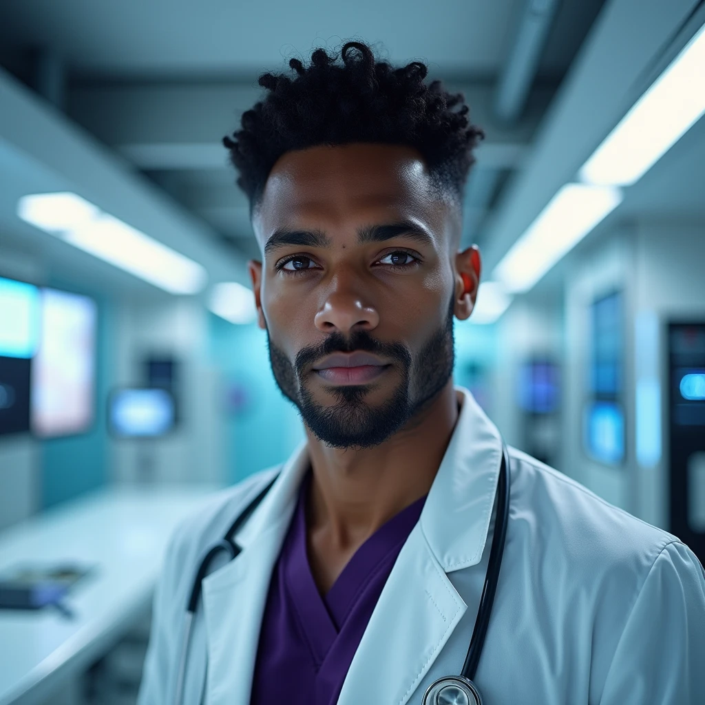 Photograph headshot, hair curly side part, very tall French featured male model, shaved, toned body, ebony skin, vibrant purple eyes, tall thin toned body. Gentle smile expression. Doctor coat, dark purple shirt, modern sci-fi hospital office.