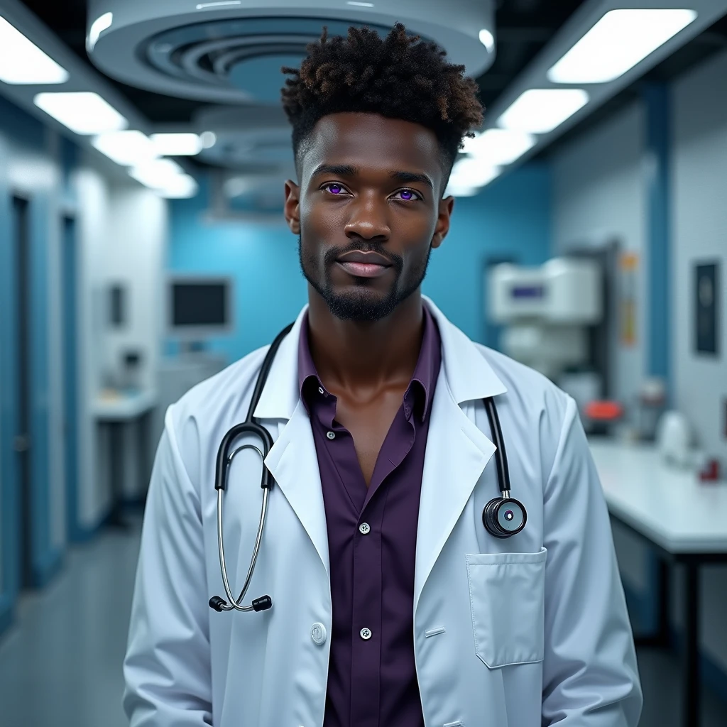 Photograph headshot, hair curly side part, very tall French featured male model, shaved, toned body, ebony skin, vibrant purple eyes, tall thin toned body. Gentle smile expression. Doctor coat, dark purple shirt, modern sci-fi hospital office.