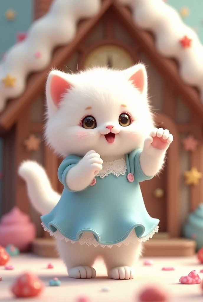 A small kitten stands on its hind legs,The cutest kitten I&#39;ve ever seen,Adorable appearance!!!,White Cat,
Cute chocolate candy house background,He dances,
She is wearing a frilly outfit like a cute idol in light blue.