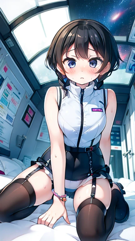 (Highest quality), (masterpiece), 1080P, High resolution, 4K, 8k, Inside the space station、Futuristic room、Thigh straps, Shooting from directly below, The woman on top of me, 白いSweat, Covered , Sweat, Woman looking down, Skirt swimsuit, Thigh-high socks, To achieve this, , , whole body, Black leather shoes, Braided hair, Inner Color, Embarrassed face, Short black hair, bracelet, Bedroom,celestial body_Vest
