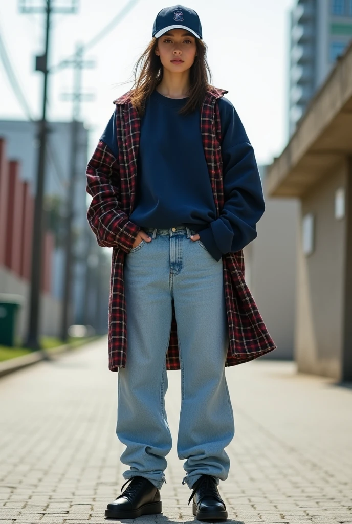 A woman in baggy jeans with a dark blue baggy sweatshirt and black sneakers with a cap and a plaid coat