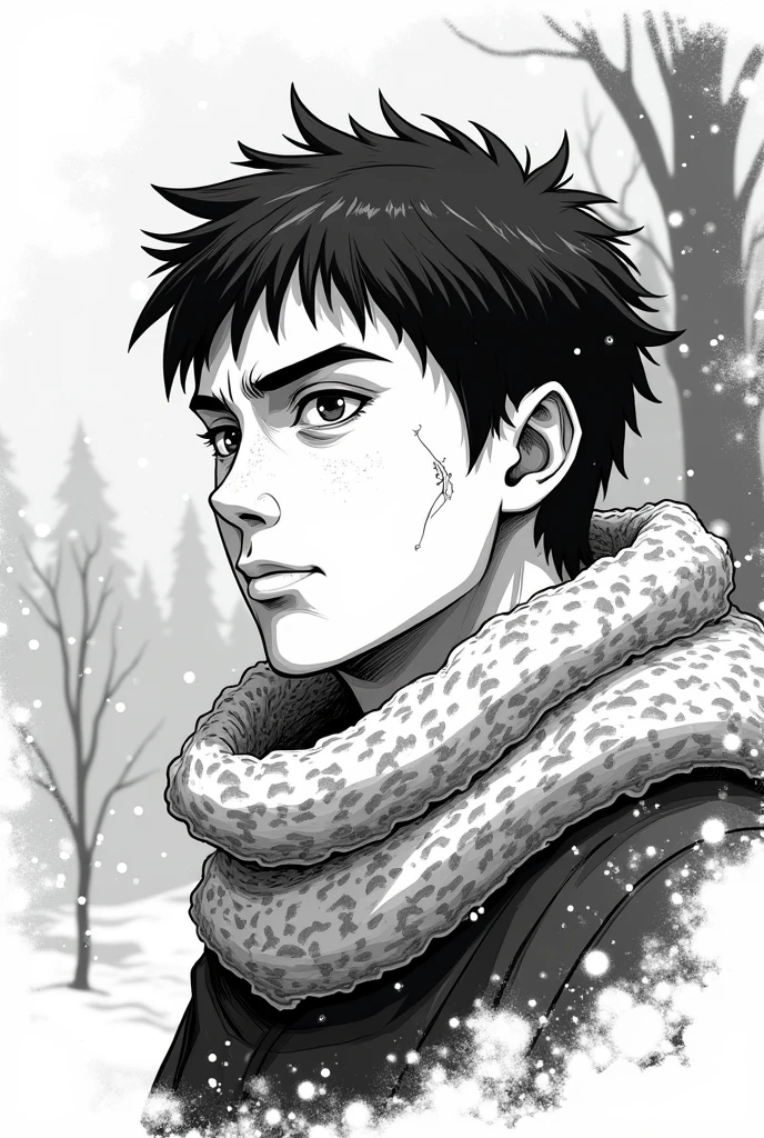 a black and white icon drawing of a guy wearing a scarf in a snowy place, anime or manga style, with a zoom on his face showing from the shoulders up, leave in a manga drawing footprint and with some wounds