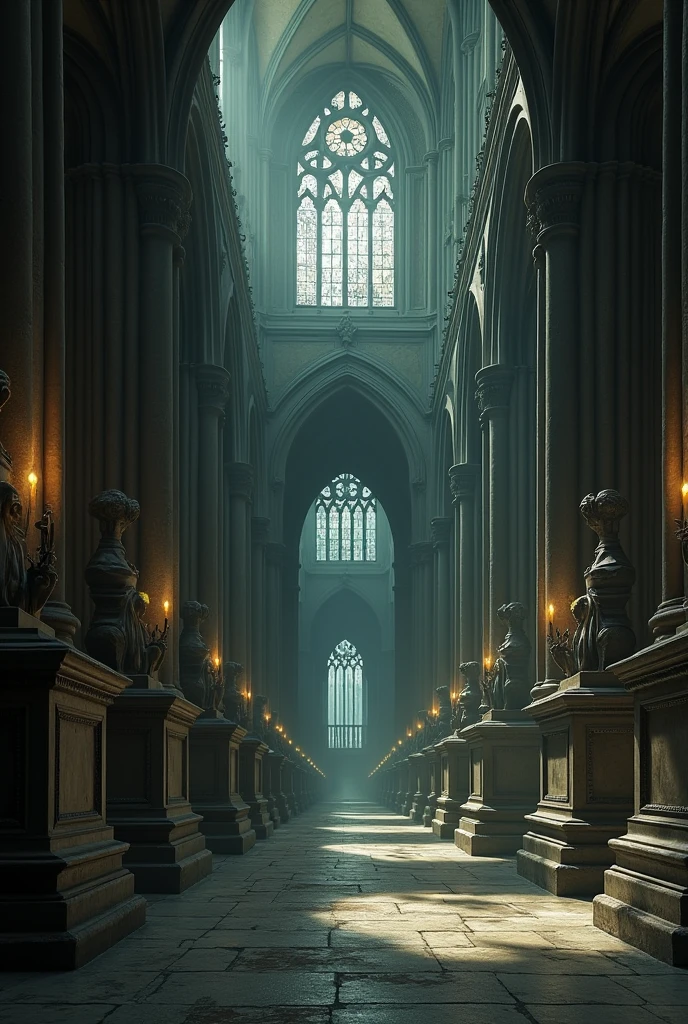 An image where the first thing you see is a tomb and is followed by a row of tombs with perspective, The further away it goes, the more it turns into a hallway of an old cathedral or church..