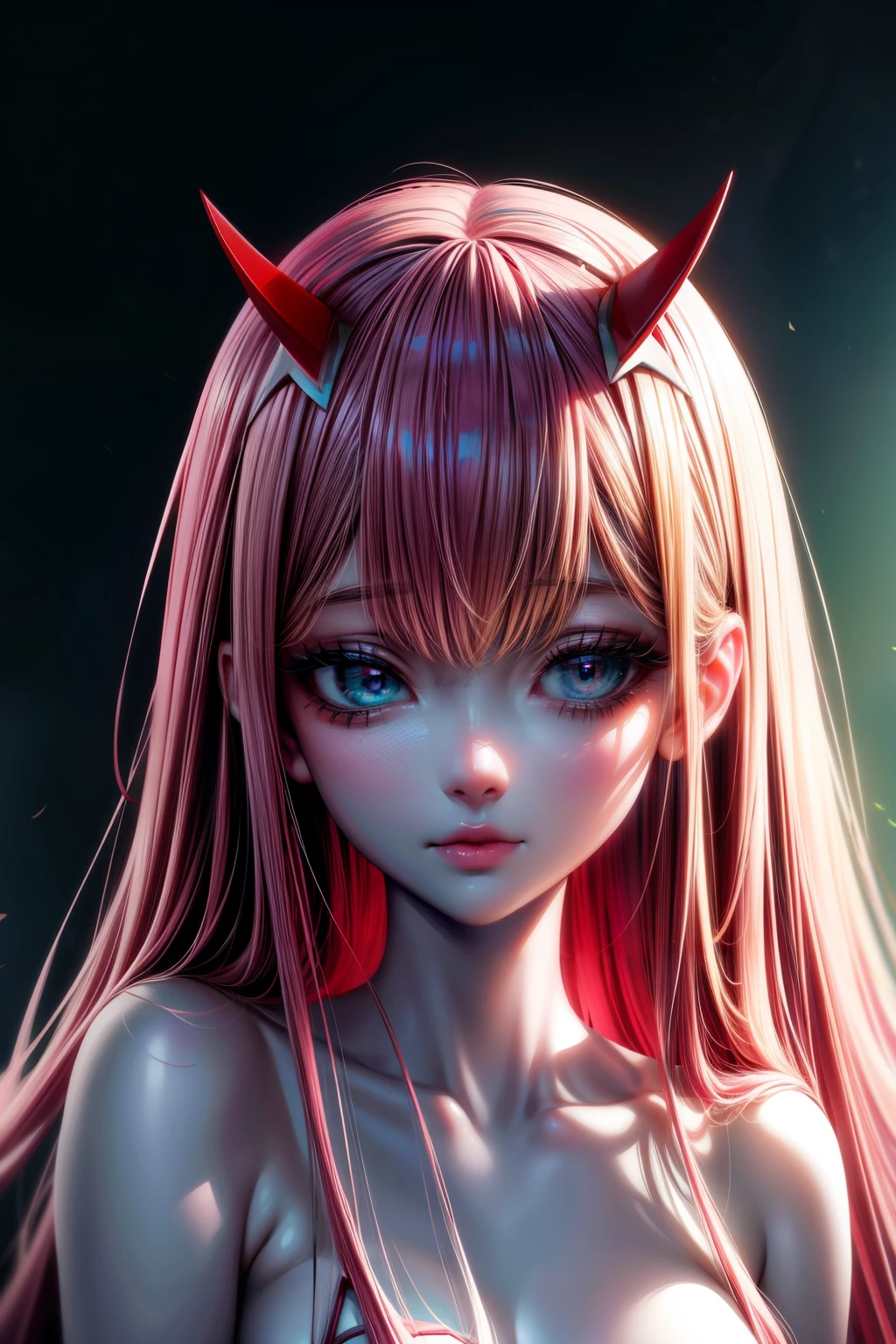 , white skin, blue-green eyes, light pink hair, red horns, red clothes, Zero Two, Darling in the Franxx