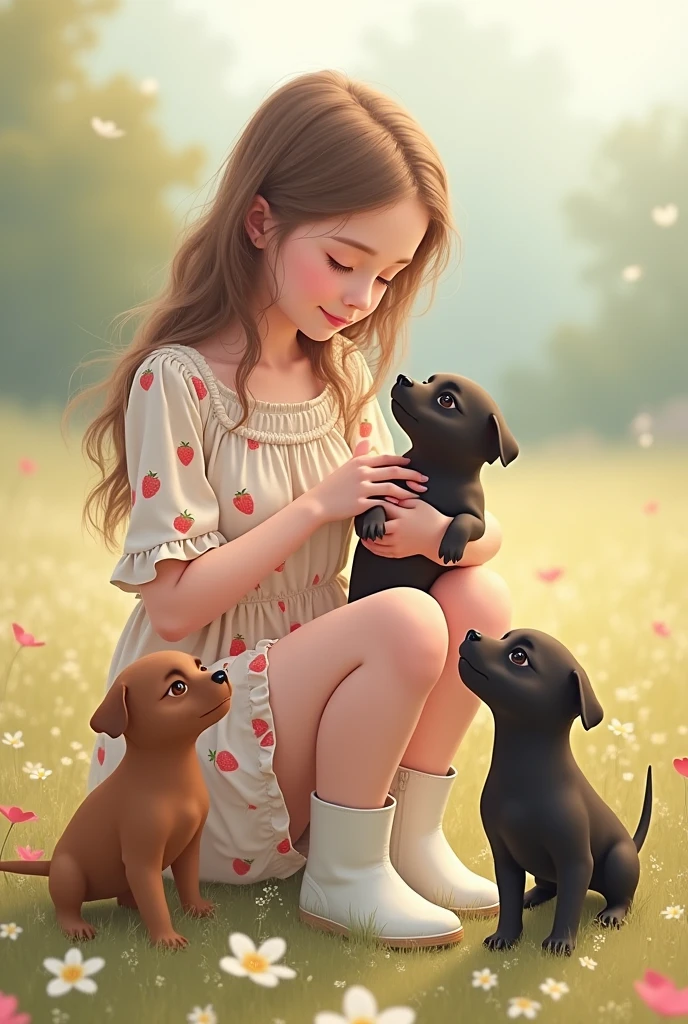 A teenager with somewhat long hair and a strawberry dress and white boots with her two small furry puppies, one brown and the other black with a flat snout and little paws too. 
