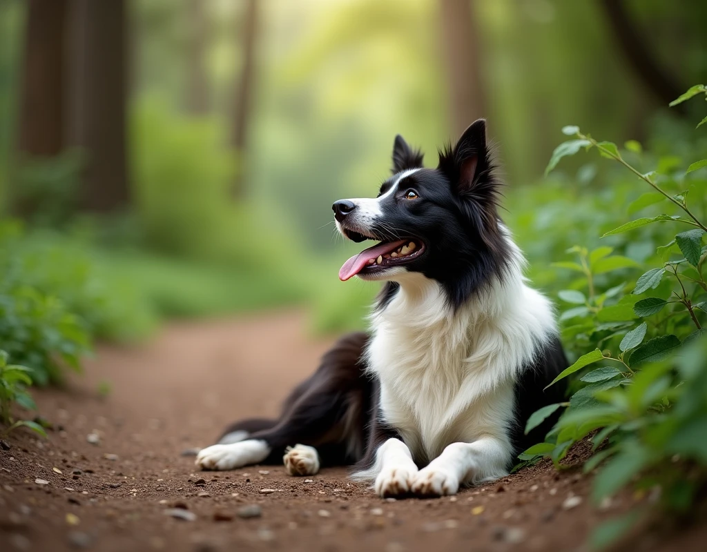 A border collie dog is lying down on the right side of the image, with its tongue out and looking up. The scene captures only the front half of the dog, focusing on its head and upper body. The dog is surrounded by lush greenery and plants, with a clear view of the natural environment on the left side, including a dirt trail and tall trees in the background. The photo is taken in a high-resolution DSLR style, using a wide-angle lens and an f/4 aperture, creating a soft blur effect in the background to emphasize the depth of the landscape.