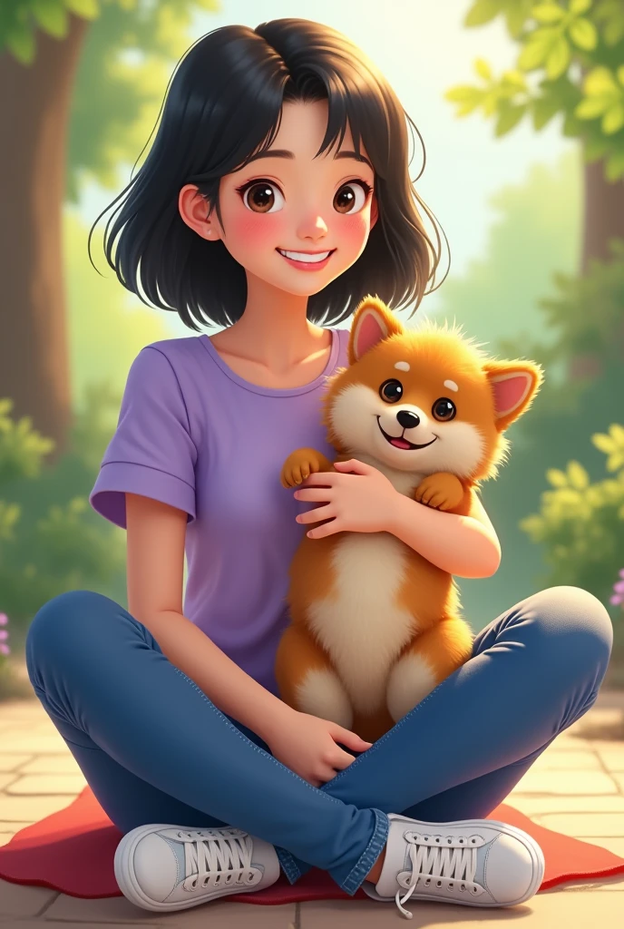 smiling girl with medium length black hair, wearing a lilac blouse and blue jeans, wearing white sneakers and holding a Palmerian Lulu dog on her lap