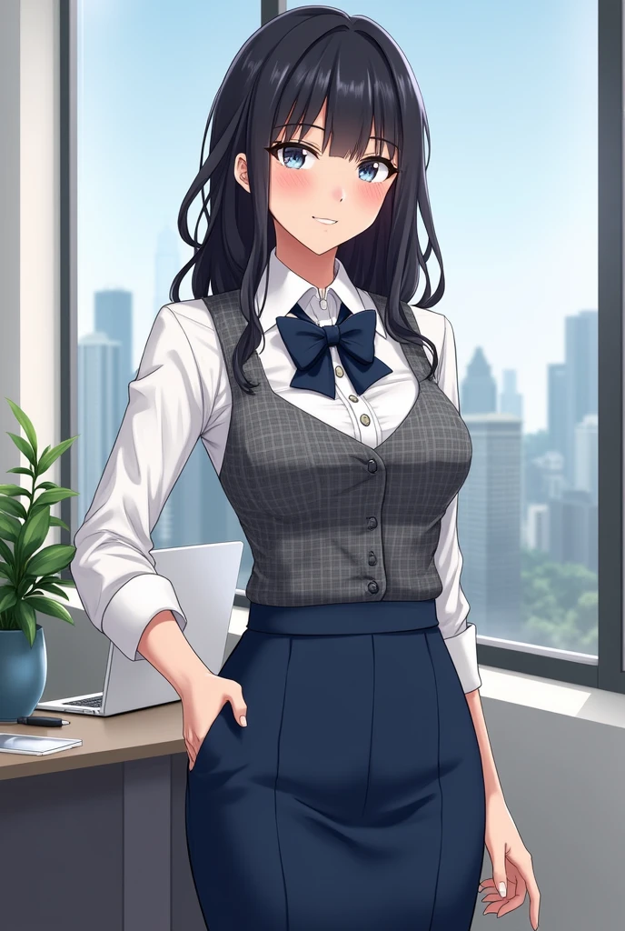 1 lady standing, office worker, recepcionista, (white and gray checkered vest:1.2) (navy blue pencil skirt) butterfly necktie, mature woman, /(Bblack hair/) bangss, blush gentle smile, (masterpiece best quality:1.2) ultra-detailed delicate illustration, big breasts BREAK (Modern office indoors), window cityscape, detailed back ground