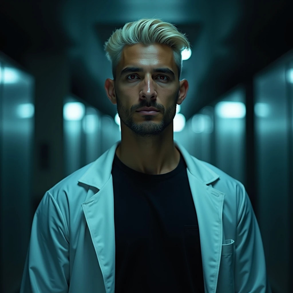 Photograph headshot, very tall attractive young Middle Eastern-Arab-Egyptian featured male, hair short platinum blond wavy swept back, 5 o'clock shadow, lithe body, brown skin, dark red eyes, tall toned body. Professional expression. Lab coat, black t-shirt, dim fluorescent lighting, foreboding facility.