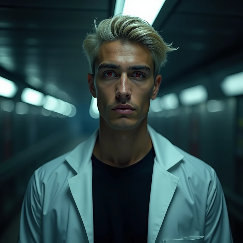 Photograph headshot, very tall attractive young Middle Eastern-Arab-Egyptian featured male, hair short platinum blond wavy swept back, 5 o'clock shadow, lithe body, brown skin, dark red eyes, tall toned body. Professional expression. Lab coat, black t-shirt, dim fluorescent lighting, foreboding facility.