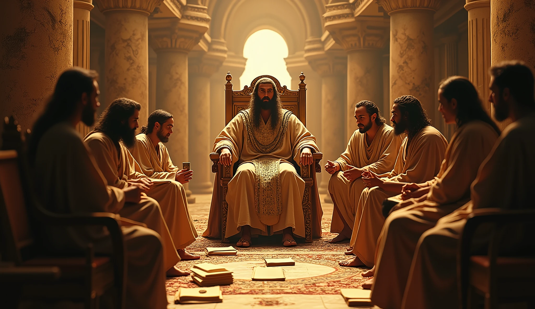 Create a hyper-realistic and mysterious image of Solomon in a grand setting, surrounded by counselors and scribes dressed in typical biblical costumes, like long tunics and linen cloaks in subtle tones. Solomon sits on a golden throne, with scrolls and treasures around him, symbolizing his immense wisdom and wealth. The scene should show an imposing palace, with marble columns and detailed tapestries, all illuminated by a soft golden light that creates an enigmatic and solemn atmosphere. Solomon's expression must reflect deep discernment, as he shares his insights into true prosperity with those around him.