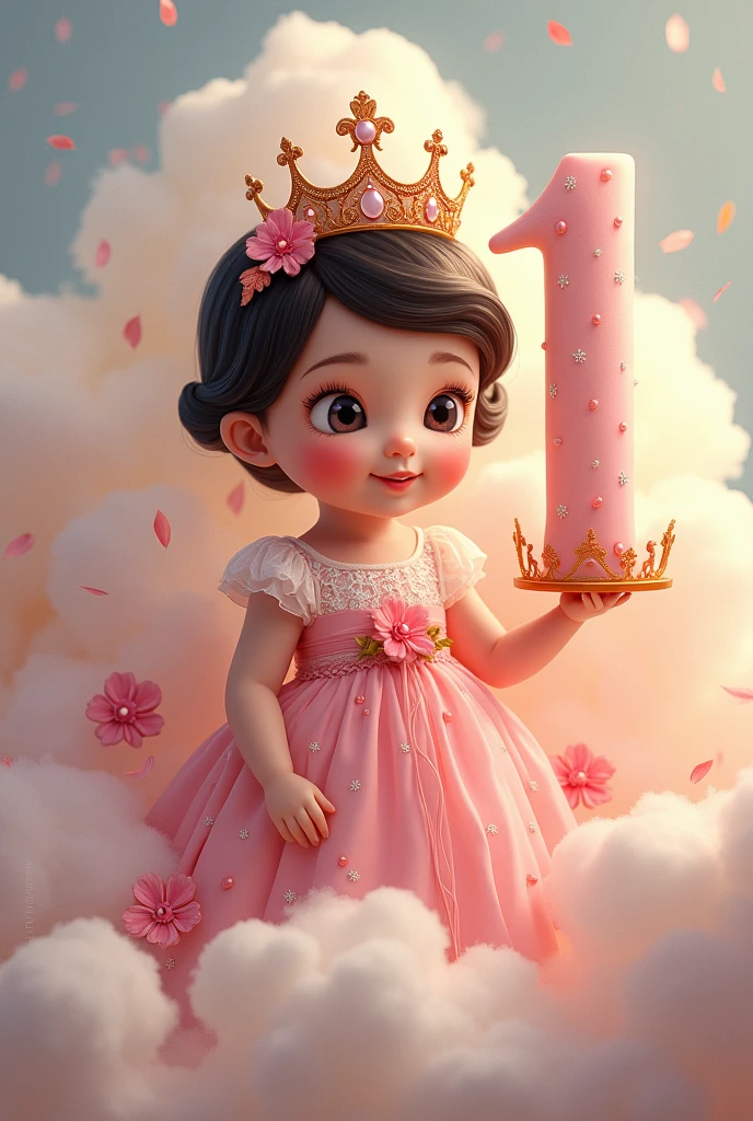 image of baby princess Aurora, for his first year with short black hair, White skin, pink dress, clouds, crown and the thick number 1 and happy birthday and the name Aurora in Spanish
