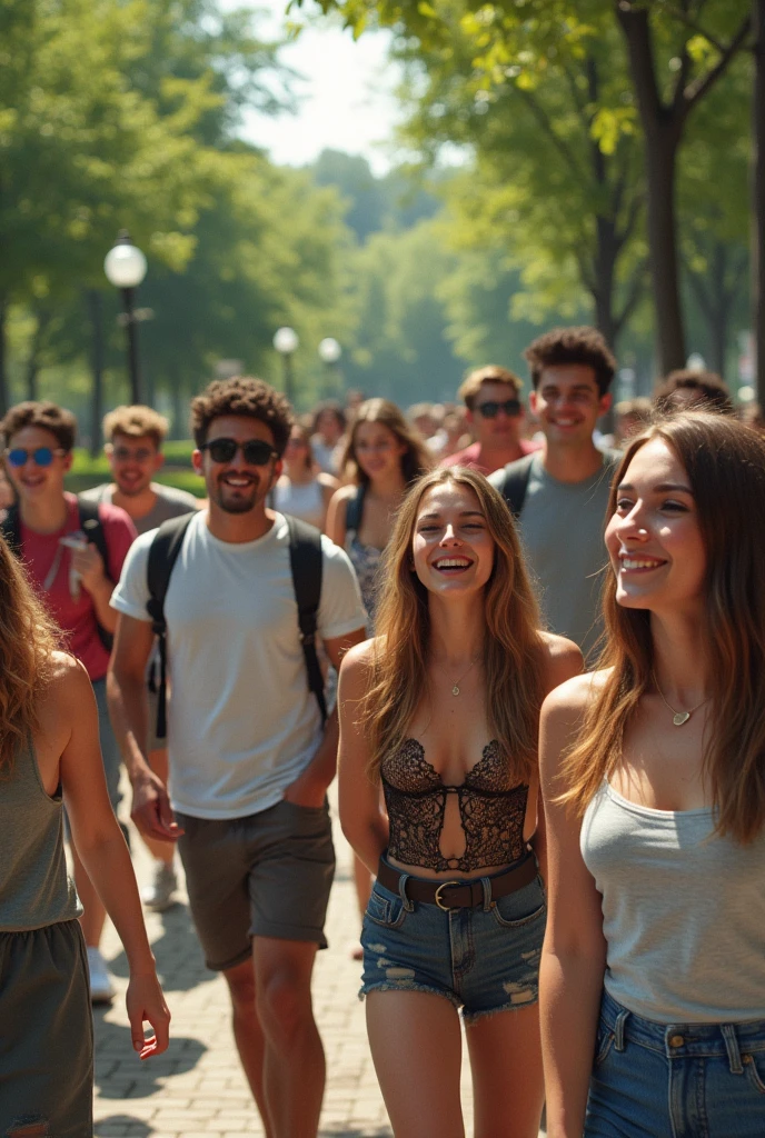 College students in a park, in which some are happy and others are kissing their partners, but let's see each other's faces up close