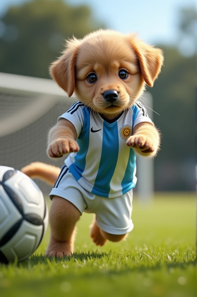 Creates an image of a 2-month-old light-haired golden retriever puppy wearing an Argentina shirt saving a goal