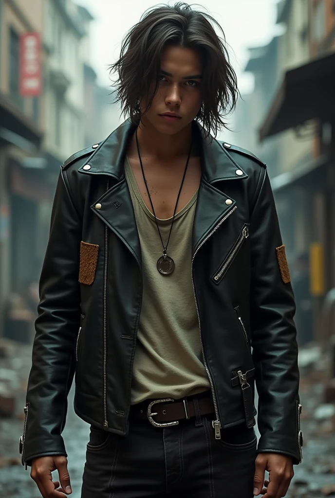 A white ager with long hair , with a toned physique wearing a black leather jacket, he is very dirty