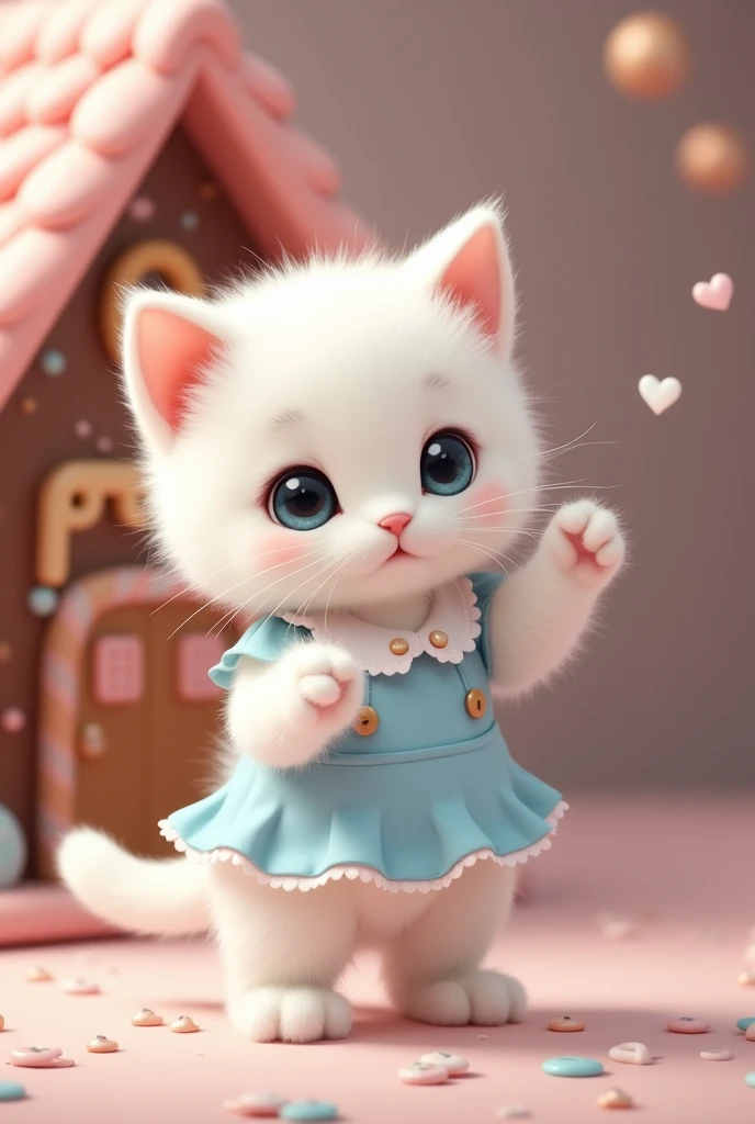 A small kitten stands on its hind legs,The cutest kitten I've ever seen,Adorable appearance!!!,White Cat,
Cute chocolate candy house background,He dances,
She is wearing a frilly outfit like a cute idol in light blue.