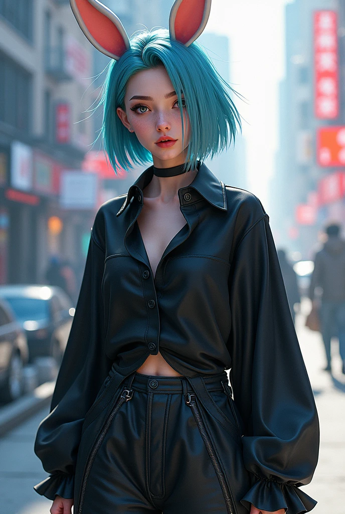 Female character with cool hair pants with bunny ears What a black blouse