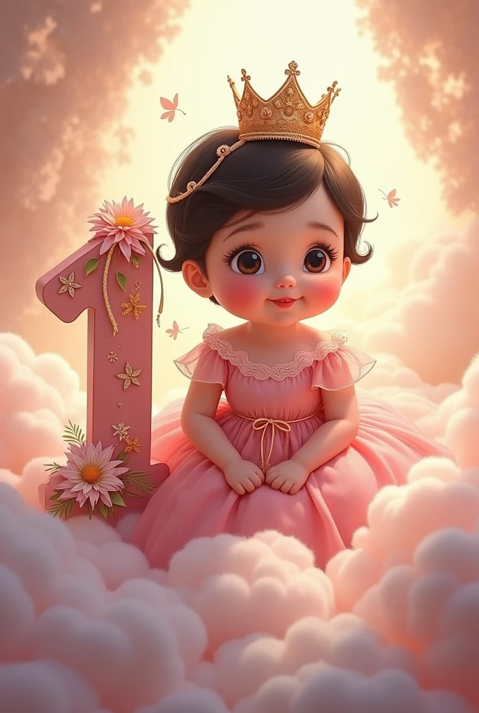 image of baby princess Aurora, for his first year with short black hair, White skin, pink dress, clouds, crown and the thick number 1 and happy birthday and the name Aurora in Spanish