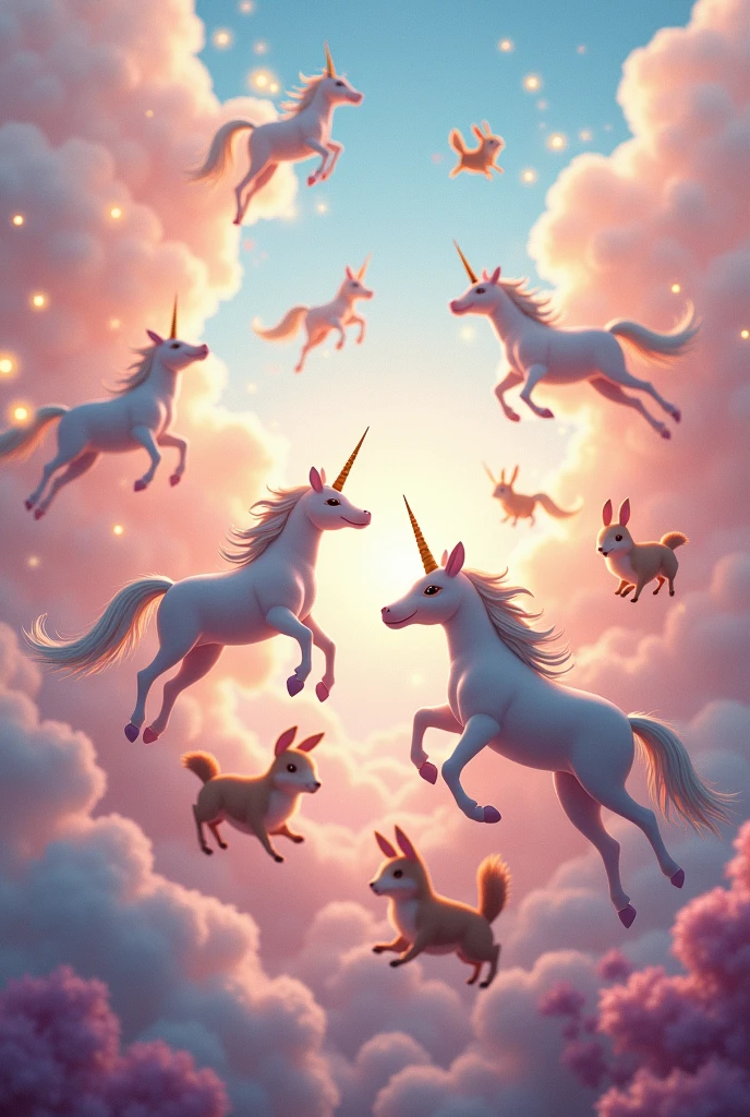 Make a fairy tale with dolphins and unicorns in the cute sky, With several cute animals