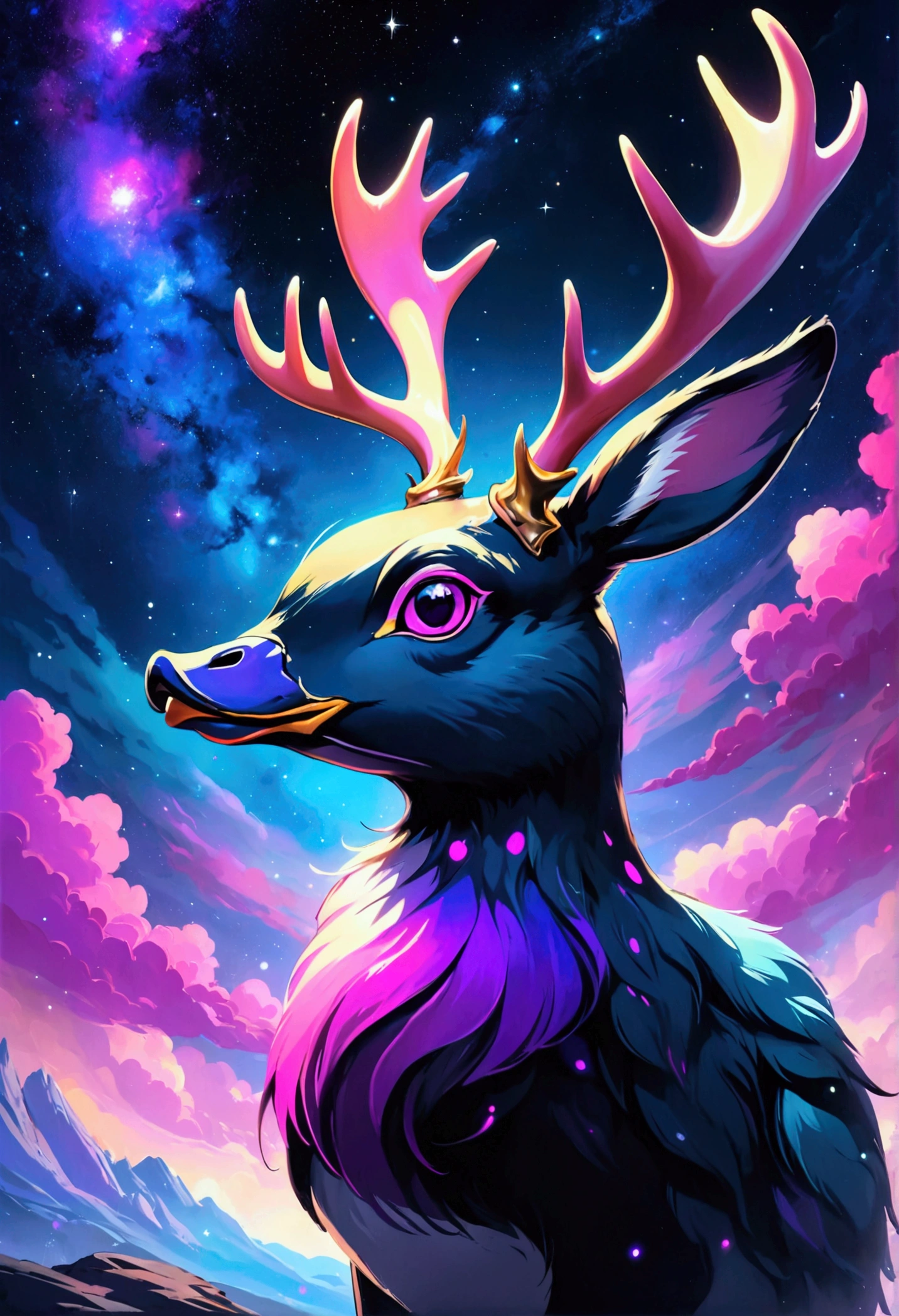 Duck with black and purple fur and magenta antlers, staring up at a impossible sky full of nebulas stars and amazing colors, best quality, masterpiece, jackalope features