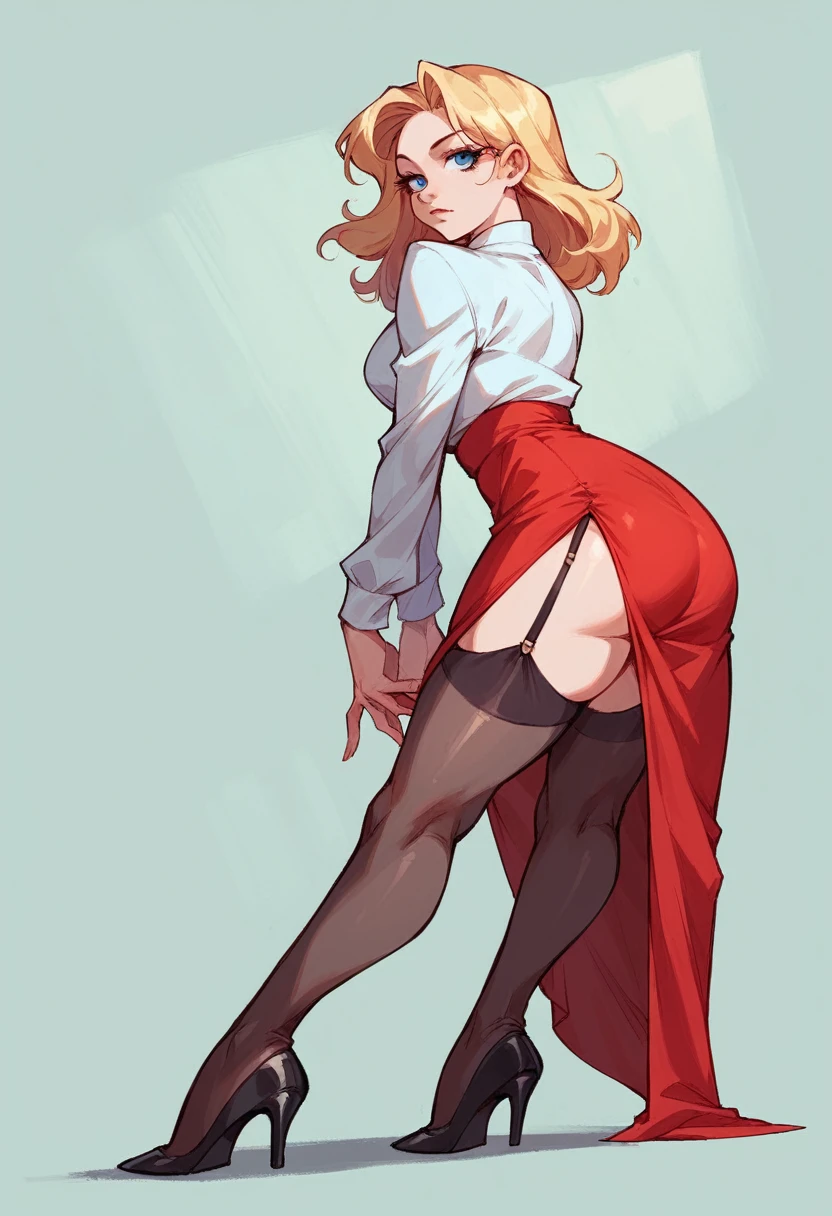 Nsfw,Blonde,pale skin,1940s dress, 1940s hairstyle,blue eyes,black stockings ,garter belt,thick legs,Big ass, black high heels, long red skirt , ass flash