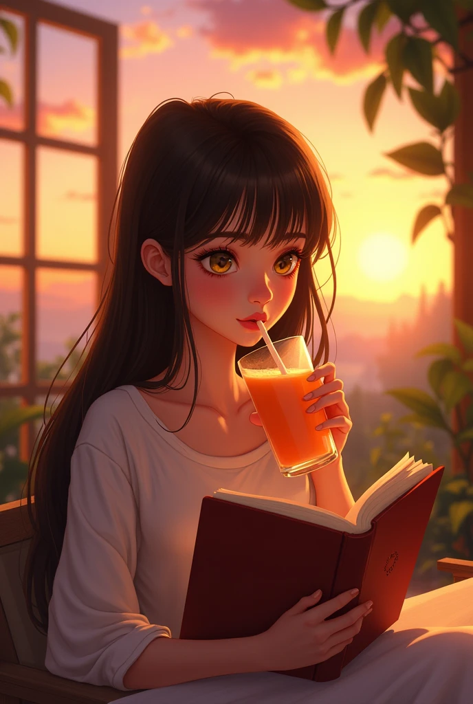 The character has long, straight, messy, browns hair, bright yellow eyes, snow-white skin, a perfect and delicate face, she is very beautiful and is 2, make the image in the Pixar style Disney, in 9:16 format. Reading a book and drinking juice on a beautiful sunset