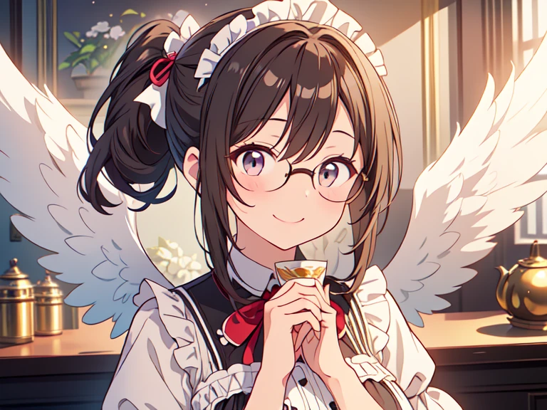 1girl,10yo,brown hair,black eyes, round eyewear, side ponytail, medium breasts, smile, blushful,
Illustration of a female angel wearing maid clothes. The character is an angel with pure white wings, wearing classic black and white maid clothes. Maid clothes are decorated with ruffles and ribbons, and have an elegant and cute design. She smiles gracefully and holds a teacup in her hand. Soft light shines into the background.