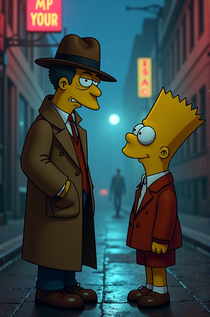 create an image of a detective talking to a Simpsons character 