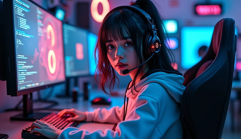 ((Masterpiece)), (((Best Quality)))), ((Illustration)), (Depth of Field: 1.2),Solo,Dynamic Angle,1 Girl,Hacker Beautiful medium skin colored Girl, Indoors, Room, Dim Room,futuristic, Computer Room, Gaming Headphones, with a microphone, Computer Equipment, Ethical Hacker, Server Room Background, monitors, (LED monitors, surrounded by multiple display monitors: 1.5), gaming chair, hair highlights, , light cyber clothes, energy drinks, cables, messy room, front, bottom, talking at camera, staring directly into the camara, She is front facing to the camera