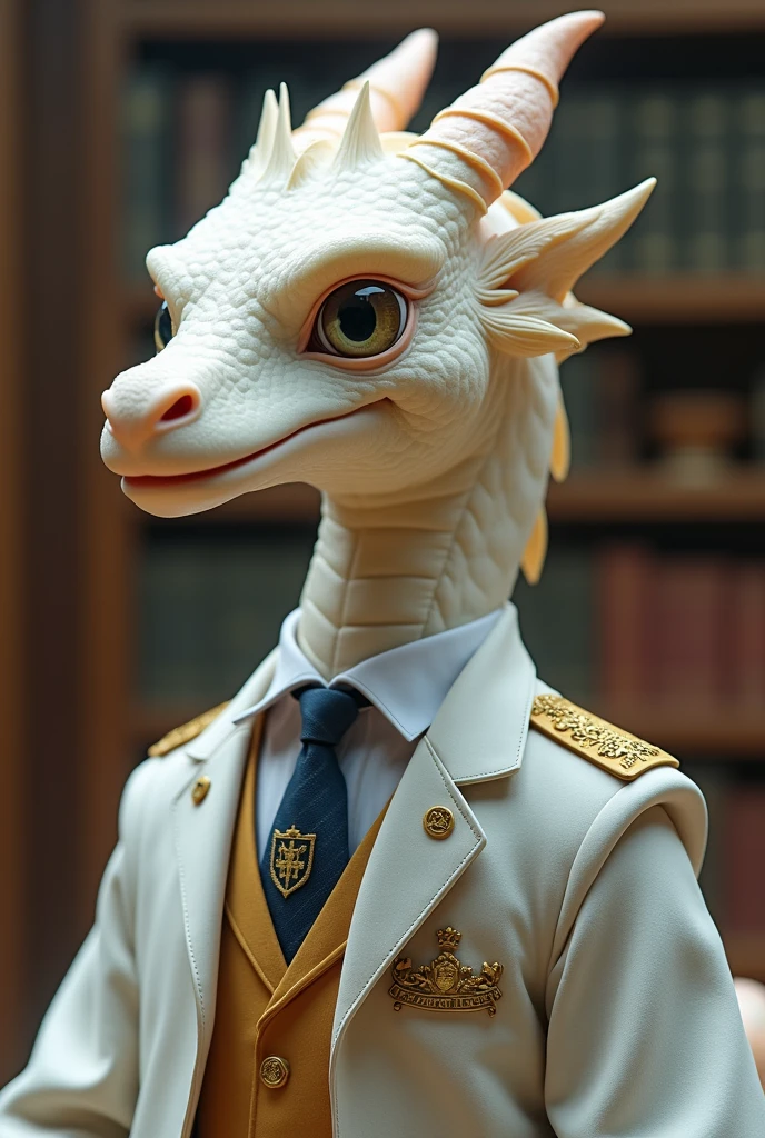 white juvenile dragon, ideal body, still a student, being a student council member, wearing student council clothes