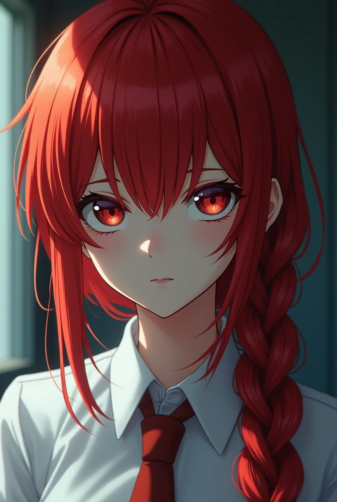 a beautifully detailed photorealistic 8k masterpiece portrait of makima from chainsaw man,red hair,one long braid,bangs,piercing yellow and golden ringed eyes,white shirt,necktie,intricate skin texture and pores,cinematic lighting,sharp focus,subtle bokeh effect