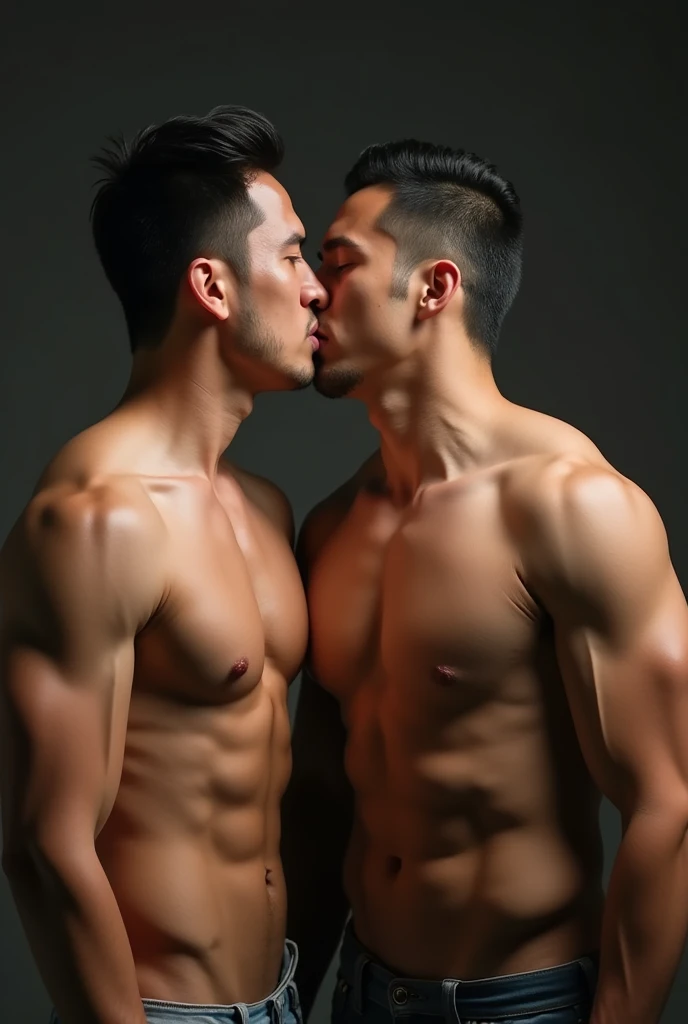 Six young muscular asian men with a huge and large dick kissing eachother