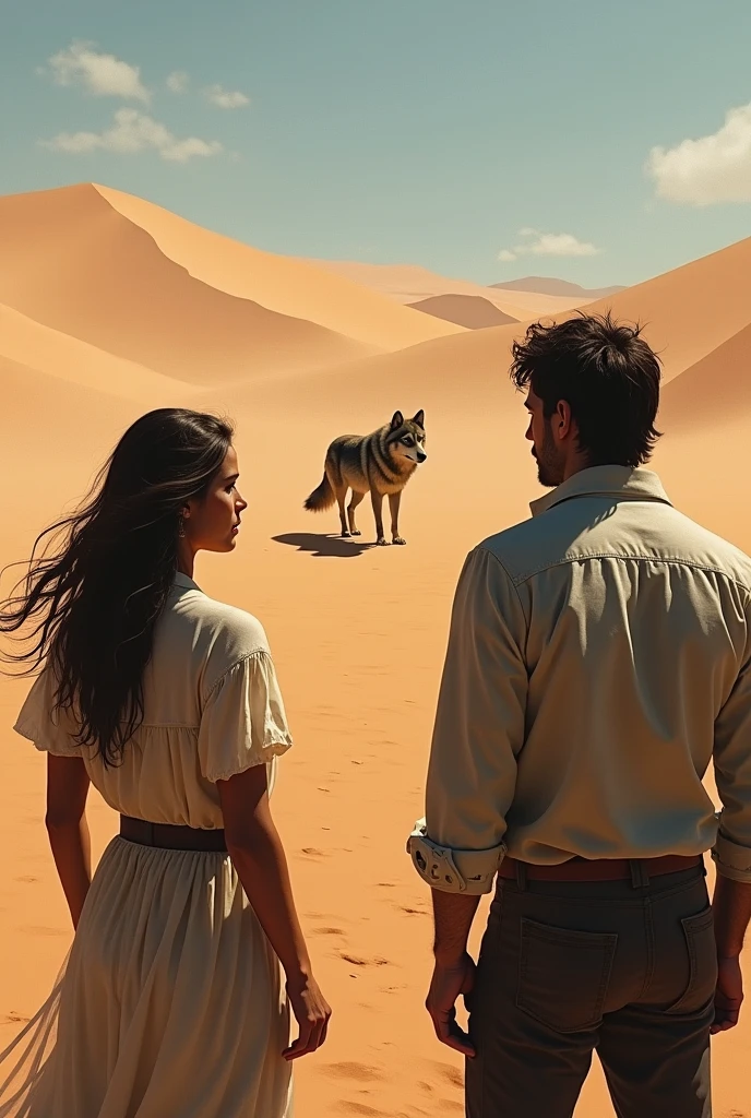 Two characters, a woman and a man in the desert who look suspicious, find a wolf from afar approaching them, in a terrifying, realistic way. The character is drawn, with high accuracy and clarity.