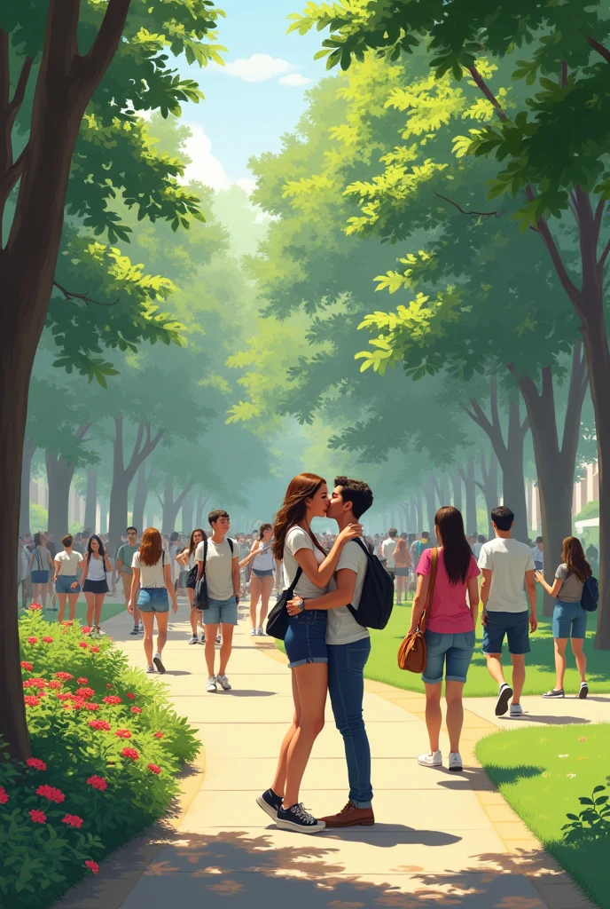 College students in a park, in which some are kissing their partners