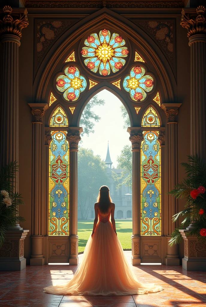 Princess stained glass castle hall with a garden 
