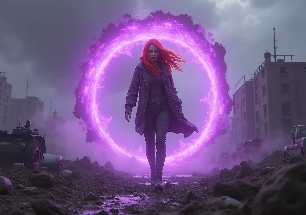 red-haired woman,entered the purple portal and came straight to a place full of knives and war territories