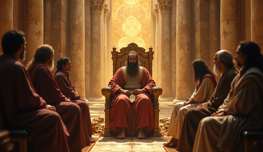 Create a hyper-realistic and mysterious image of Solomon in a grand setting, surrounded by counselors and scribes dressed in typical biblical costumes, like long tunics and linen cloaks in subtle tones. Solomon sits on a golden throne, with scrolls and treasures around him, symbolizing his immense wisdom and wealth. The scene should show an imposing palace, with marble columns and detailed tapestries, all illuminated by a soft golden light that creates an enigmatic and solemn atmosphere. Solomon's expression must reflect deep discernment, as he shares his insights into true prosperity with those around him.