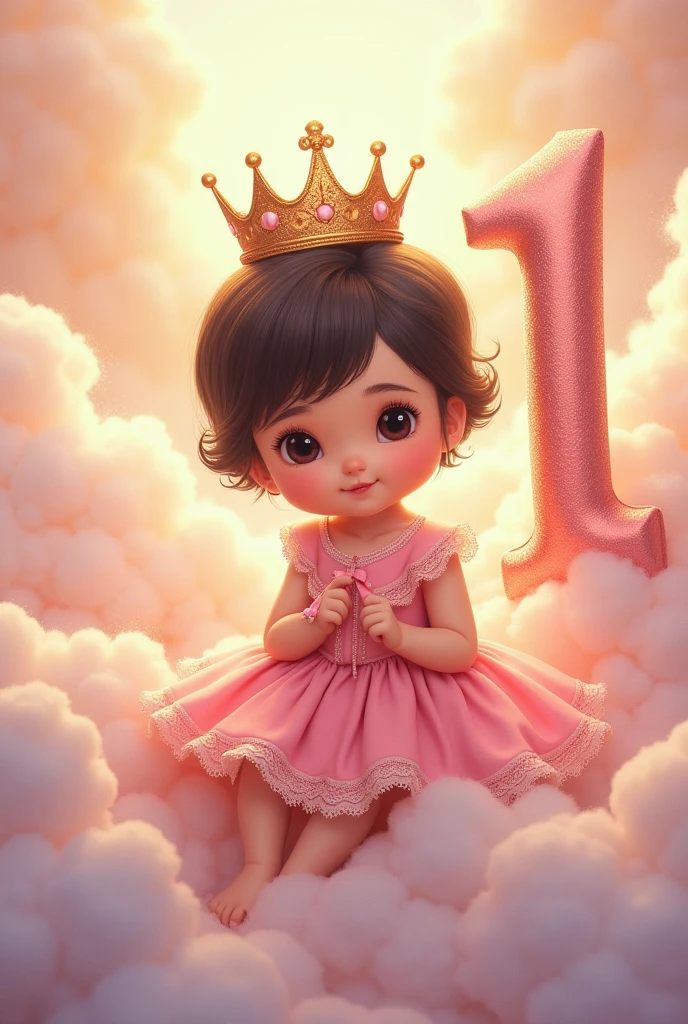 image of baby princess Aurora, for his first year with short black hair, White skin, pink dress, clouds, crown and the thick number 1 and happy birthday and the name Aurora in Spanish