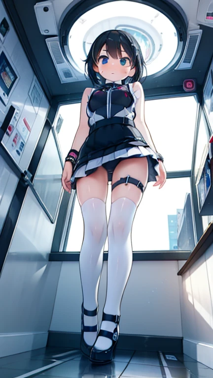 (Highest quality), (masterpiece), 1080P, High resolution, 4K, 8k, Inside the space station、Futuristic room、Thigh straps, Shooting from directly below, The woman on top of me, 白いSweat, Covered , Sweat, Woman looking down, Skirt swimsuit, Thigh-high socks, To achieve this, , , whole body, Black leather shoes, Braided hair, Inner Color, Embarrassed face, Short black hair, bracelet, Bedroom,celestial body_Vest