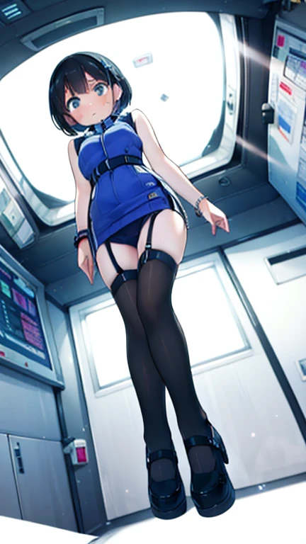 (Highest quality), (masterpiece), 1080P, High resolution, 4K, 8k, Inside the space station、Futuristic room、Thigh straps, Shooting from directly below, The woman on top of me, 白いSweat, Covered , Sweat, Woman looking down, Skirt swimsuit, Thigh-high socks, To achieve this, , , whole body, Black leather shoes, Braided hair, Inner Color, Embarrassed face, Short black hair, bracelet, Bedroom,celestial body_Vest
