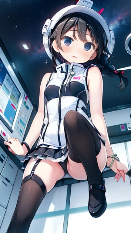 (Highest quality), (masterpiece), 1080P, High resolution, 4K, 8k, Inside the space station、Futuristic room、Thigh straps, Shooting from directly below, The woman on top of me, 白いSweat, Covered , Sweat, Woman looking down, Skirt swimsuit, Thigh-high socks, To achieve this, , , whole body, Black leather shoes, Braided hair, Inner Color, Embarrassed face, Short black hair, bracelet, Bedroom,celestial body_Vest
