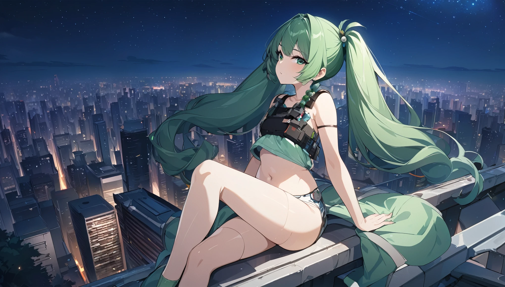 masterpiece，high resolution，Anime Art，Anime Numbers， 4k anime wallpaper，Soft Light，Radiant Skin，Looking at the camera，Solitary，1 anime girl，Sitting sideways on the roof of the house，Green twin ponytails，Green beads，There are two red lines on the belly，(Green eyes: 1.3)，leg，Modern City，Starry Sky